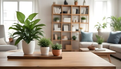 A wooden table in a cozy living room with a potted plant, a vase, and a blurred background of shelves and decor 