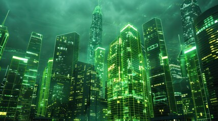 Obraz premium Digital hologram of green city with skyscrapers, neons and tablet. Virtual reality and metaverse. Smart eco modern city, digital data