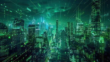 Digital hologram of green city with skyscrapers, neons and tablet. Virtual reality and metaverse. Smart eco modern city, digital data