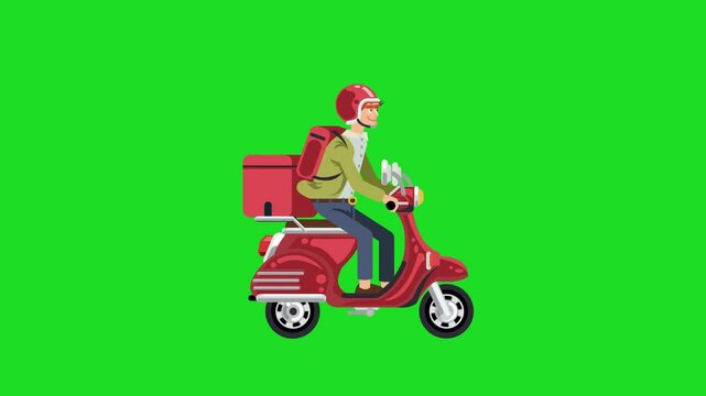 Delivery man riding a Red Scooter green screen cartoon animated alpha channel