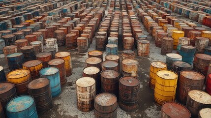 Fototapeta premium Aerial view of oil barrels in an industrial storage facility