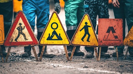 A row of colorful warning signs illustrates various construction hazards, emphasizing safety protocols and caution in a work environment.