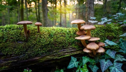 Fototapeta premium Shiitake Mushrooms on a Tree Trunk
