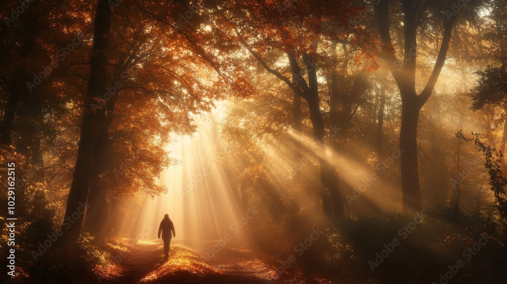 Poster A lone figure meanders through an enchanting forest adorned with vibrant autumn leaves, as gentle rays of sunlight filter through the tall trees, creating a serene atmosphere filled with warmth.
