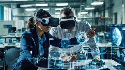 Engineers collaborating on a virtual reality project in a high-tech workspace, demonstrating the integration of VR in modern technology