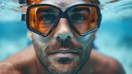 Fototapeta premium Man with diving fins, white background, underwater accessory