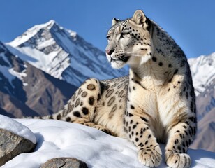 Obraz premium Snow Leopard – the Mysterious Predator Description: The snow leopard is a rare, majestic predator living in the Himalayas, endangered due to habitat loss.