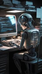 the robot at work on a computer.