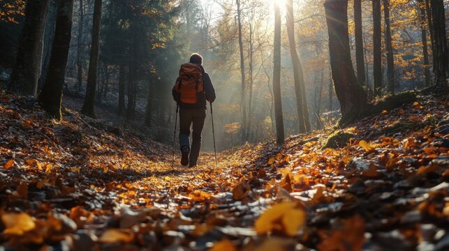 A solitary hiker navigates a forest path adorned with colorful autumn foliage, basking in warm sunlight filtering through the trees. The tranquility of nature surrounds this peaceful journey.