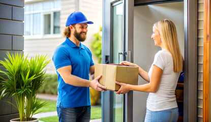delivery person handing package to woman at front door, online shopping, e-commerce