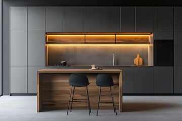 Sleek kitchen with minimalist design featuring dark cabinets, wooden elements, and ambient lighting.