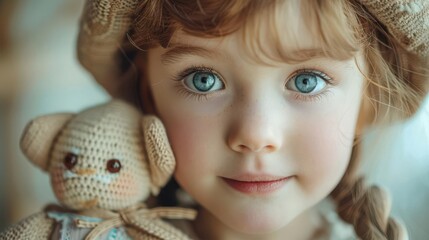 Fototapeta premium Girl with doll, white background, childhood toy