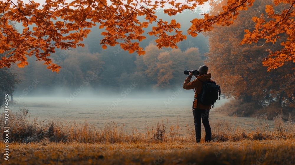 Poster a person stands in a tranquil field surrounded by vibrant autumn leaves, capturing the serene landsc