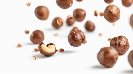 Obraz premium Falling macadamia nuts isolated on white background
