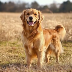 A golden retriever dog stands in a field of tall grass, looking directly at the camera with a happy expression.