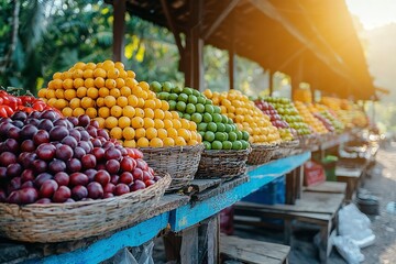 Obraz premium A Row of Baskets Overflowing with Fresh Fruit at a Market Stall