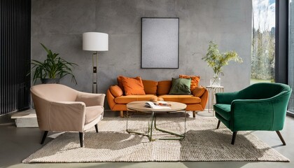 Minimalist, loft interior design of modern living room. Green, and orange sofas and beige accent armchairs against concrete wall with frame.