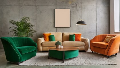 Minimalist, loft interior design of modern living room. Green, and orange sofas and beige accent armchairs against concrete wall with frame.