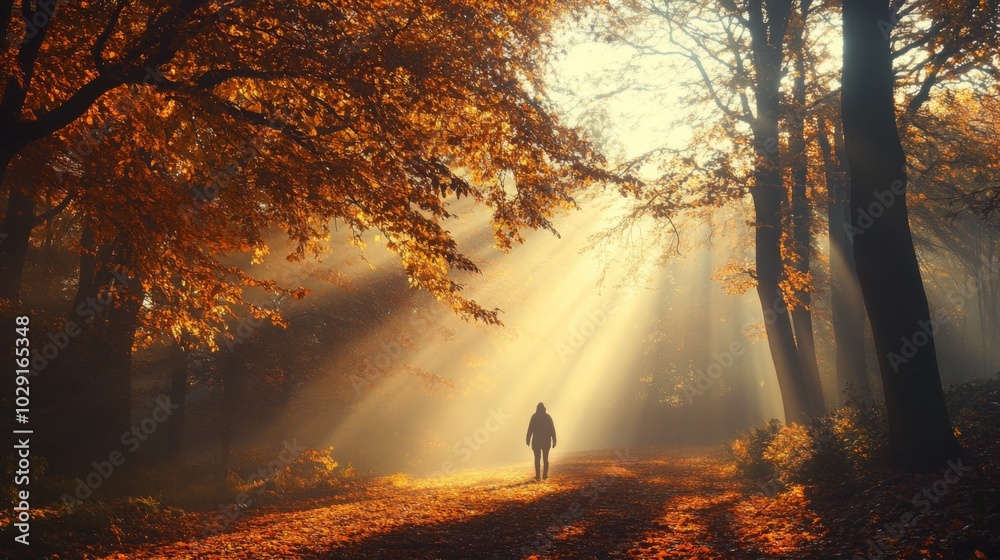 Aufkleber A person strolls along a path covered in golden leaves, surrounded by tall trees. Soft sunlight filters through the branches, creating a warm and inviting atmosphere in the early morning.