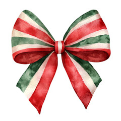 A colorful watercolor ribbon bow with red and green stripes, perfect for festive decorations and holiday celebrations.