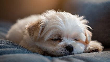 Sleeping young Maltese resting on soft cushion