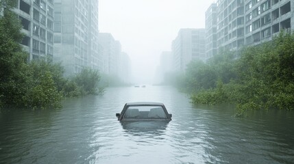A city street submerged in floodwaters, abandoned buildings and cars, eerie atmosphere