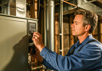 Technician adjusting furnace controls in residential basement for efficient heating