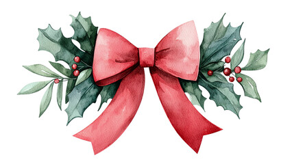 A festive watercolor illustration of holly with a red bow, perfect for Christmas and holiday decorations.
