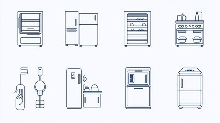 A vector line icon set featuring fridge and freezer-related symbols. The collection includes icons for freezing and refrigeration, highlighting elements such as a refrigerator, defrosting
