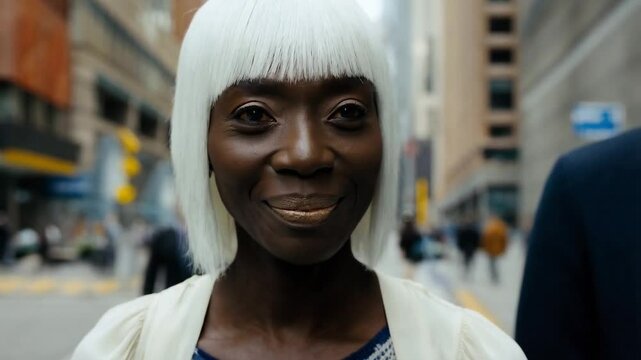 Black African Model with White Bob Hair. Smiling Woman.