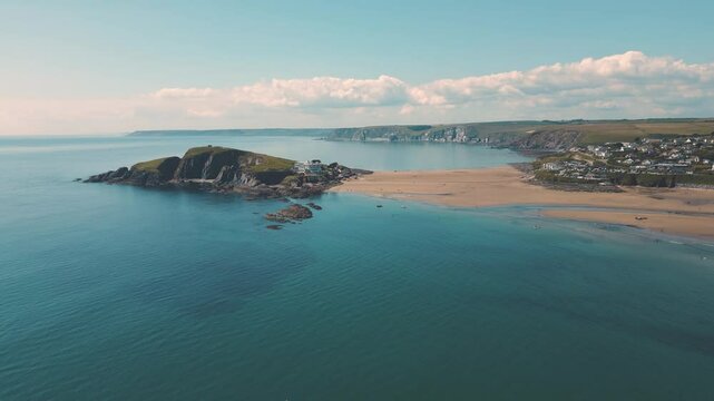 Aerial view of beach and river estuary in Bigbury, Devon, UK