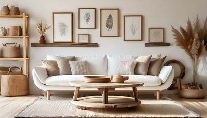 Round wood coffee table against white sofa near wall with shelves and four frames. Rustic country farmhouse home interior design of modern living room.