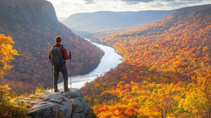 Obraz premium A person stands on a rocky ledge, gazing at a vibrant valley filled with autumn foliage.