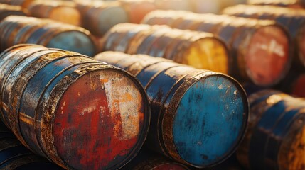Fototapeta premium A pile of rusted oil barrels stacked high in an industrial setting