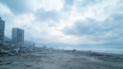 The coastline lies in ruins after a tsunami, with shattered structures and scattered debris, creating a haunting silence that envelops the area in a chilling sense of loss.