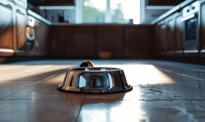 Pet bowl on the kitchen floor, 4K hyperrealistic photo