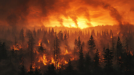 Environmental Crisis Wildfire Burning Through Forest and Causing Destruction of Nature