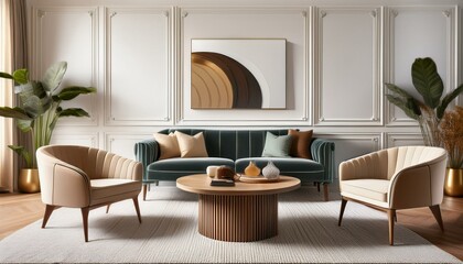 Round wooden coffee table between two armchairs near sofa against white classic paneling wall. Art deco interior design of modern living room, home.
