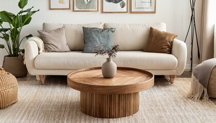 Round wooden coffee table near beige sofas against white wall with posters. Scandinavian style home interior design of modern living room. Created with generative AI