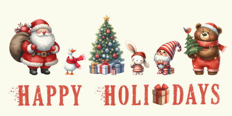 Happy Holidays watercolor Christmas banner. Christmas tree, Santa Claus, bear.