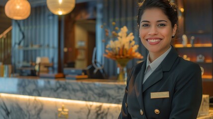 Friendly smiling hotel staff member in uniform standing at the front desk in a hotel lobby ready to greet and assist guests