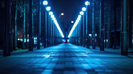 Futuristic smart street lighting with adaptive brightness control and deep depth of field Illuminated pathway through an urban environment with a striking perspective and minimalist