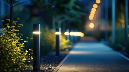 Futuristic smart street lighting with adaptive brightness control and deep depth of field Illuminated pathway through an urban environment with a striking perspective and minimalist
