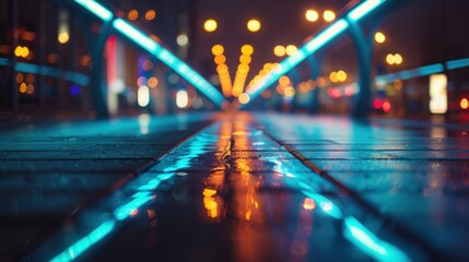Futuristic smart street lighting with adaptive brightness control and deep depth of field Illuminated pathway through an urban environment with a striking perspective and minimalist