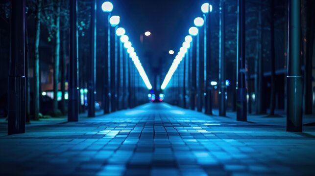 Futuristic smart street lighting with adaptive brightness control and deep depth of field Illuminated pathway through an urban environment with a striking perspective and minimalist
