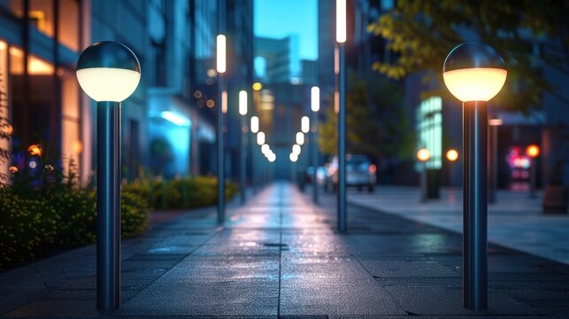 Futuristic smart street lighting with adaptive brightness control and deep depth of field Illuminated pathway through an urban environment with a striking perspective and minimalist