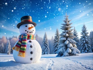 Simple Snowman with Scarf and Hat in a Winter Landscape - Panoramic Photography