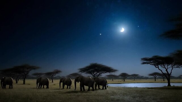 Savana landscape at night. Group of elephants near a small lake.