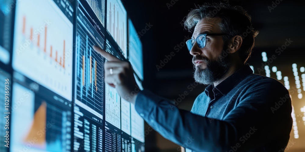 Poster ceo reviewing company performance metrics on a large screen, pointing at key data points with a conf