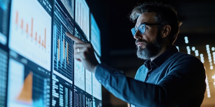 CEO reviewing company performance metrics on a large screen, pointing at key data points with a confident expression.